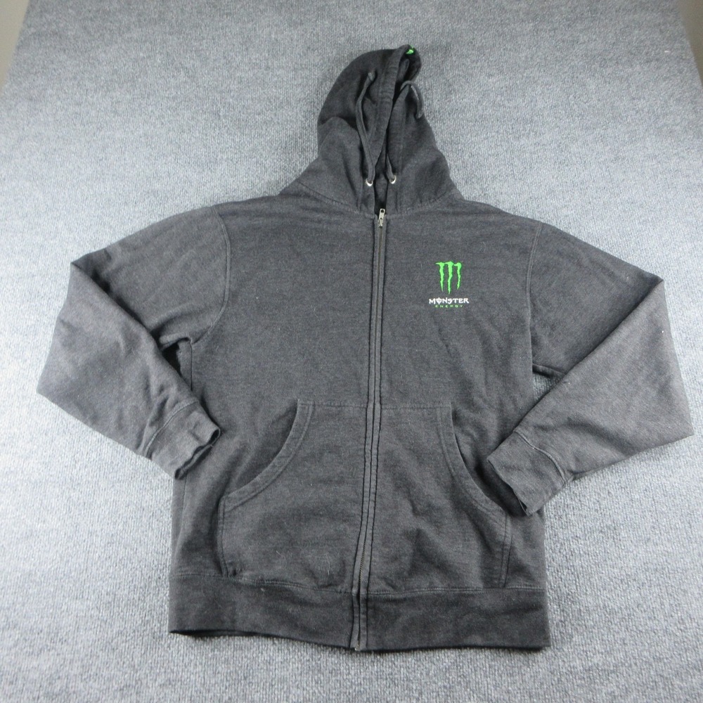 Monster Energy Hoodie Mens Small Gray Full Zip Logo Fleece Sweatshirt Graphic